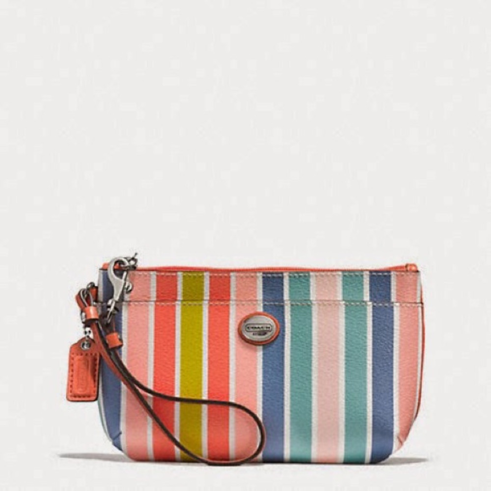 COACH White / Multi-Stripe & Coral Wristlet. 
Pristine Condition.